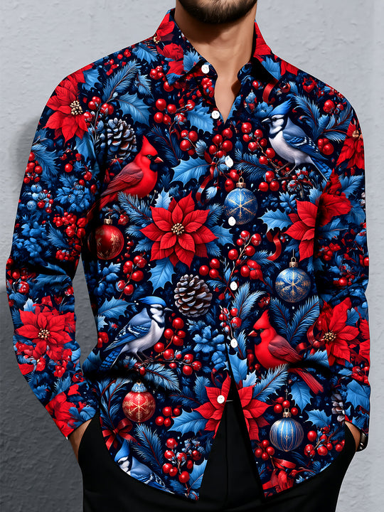 Adaychic Men's Printed Christmas Birds And Ornaments Print Long Sleeve Shirt with Chest Pocket