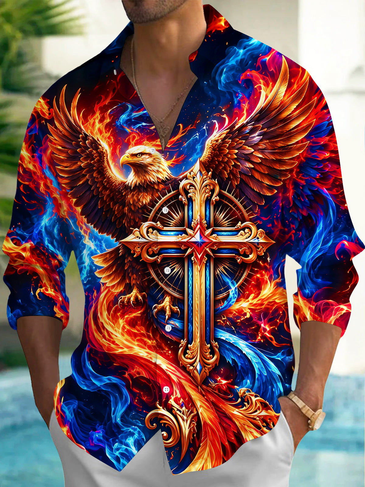 Adaychic Men's Graphic Flaming Eagle And Holy Cross Print Long Sleeve Shirt with Chest Pocket