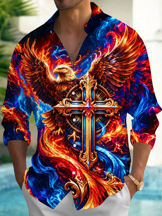 Adaychic Men's Graphic Flaming Eagle And Holy Cross Print Long Sleeve Shirt with Chest Pocket