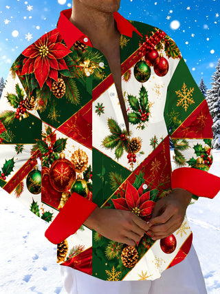 Adaychic Men's Christmas Poinsettias And Ornaments Print Long Sleeve Shirt with Chest Pocket