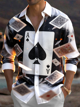 Adaychic Men's Graphic Playing Cards And Ace Of Spades Print Long Sleeve Shirt with Chest Pocket