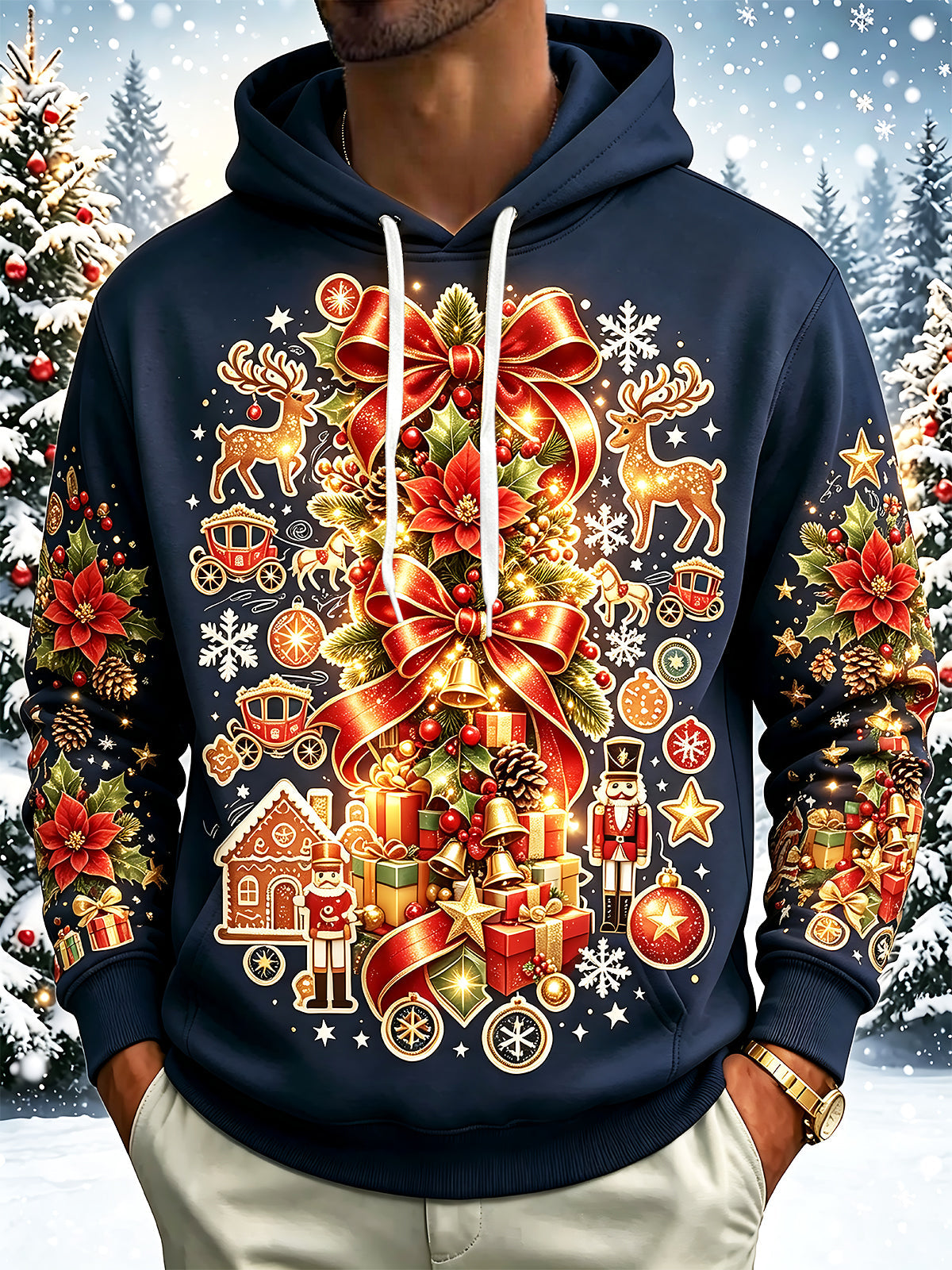 Adaychic Men's Long Sleeve Hoodie - Christmas Nutcracker Soldiers And Reindeer Print