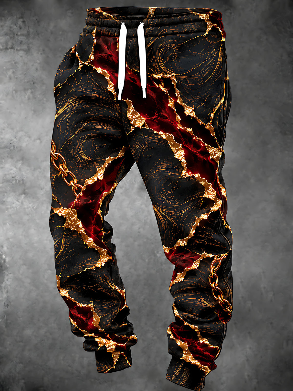 Adaychic Men's Pants - Abstract Cracked Surface With Gold Veins And Red Interior Print