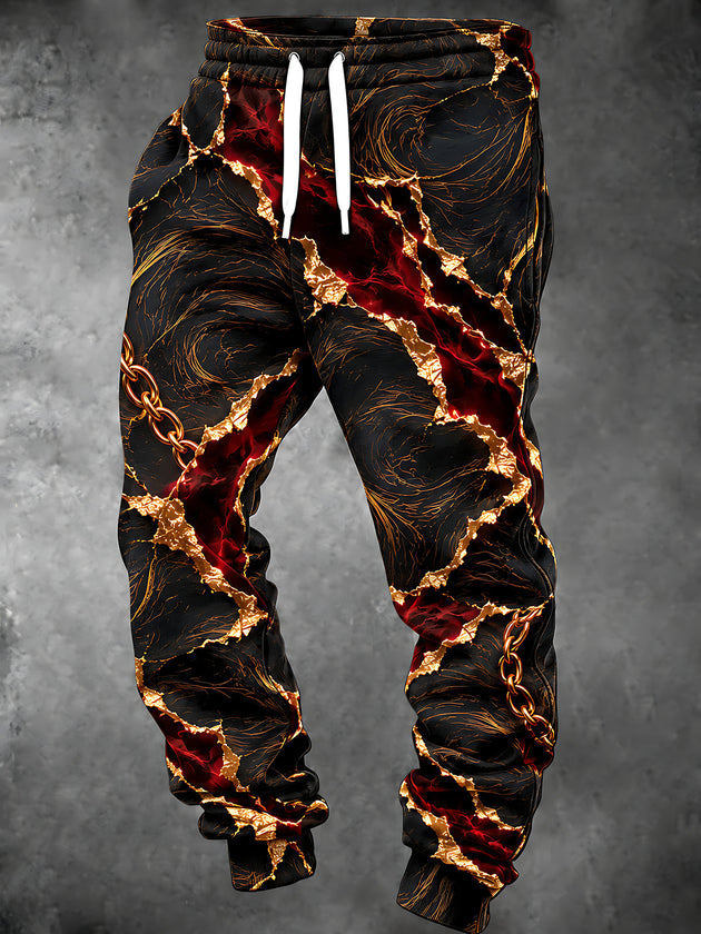 Adaychic Men's Pants - Abstract Cracked Surface With Gold Veins And Red Interior Print