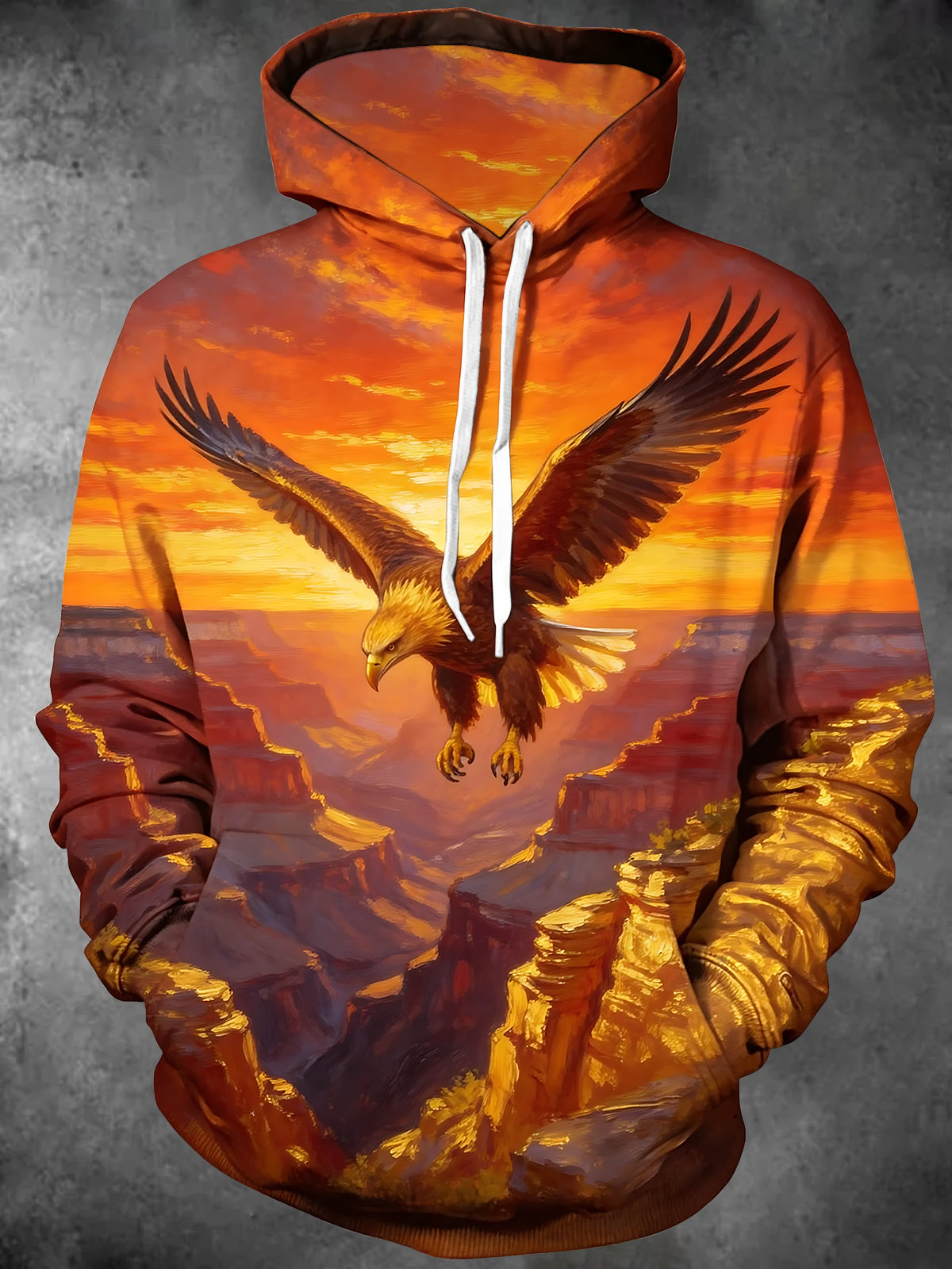 Adaychic Men's Bald Eagle Over Canyon Sunset Landscape Print Long Sleeve Hoodie