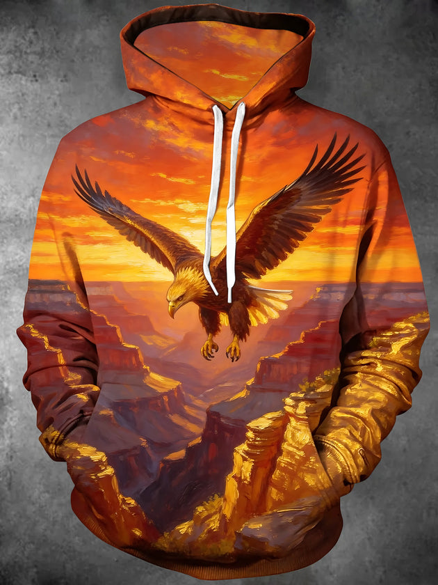 Adaychic Men's Bald Eagle Over Canyon Sunset Landscape Print Long Sleeve Hoodie