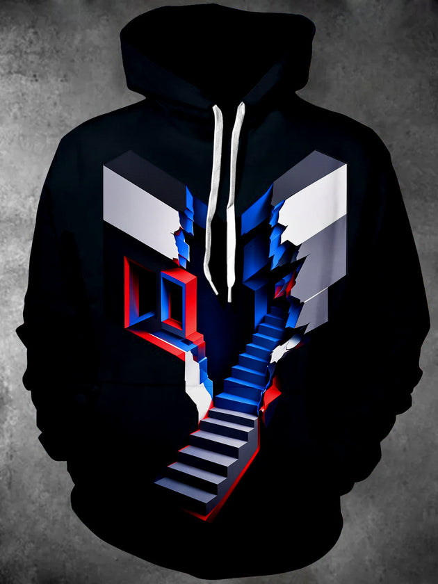 Adaychic Men's Long Sleeve Pullover Hoodie - Optical Illusion Broken Staircase Print with Kangaroo Pocket