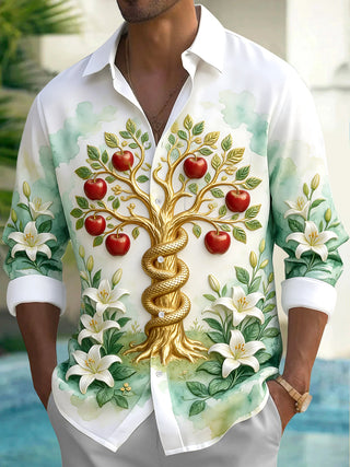 Adaychic Men's Tree Of Knowledge With Snake And Apples Print Short Sleeve Shirt with Chest Pocket