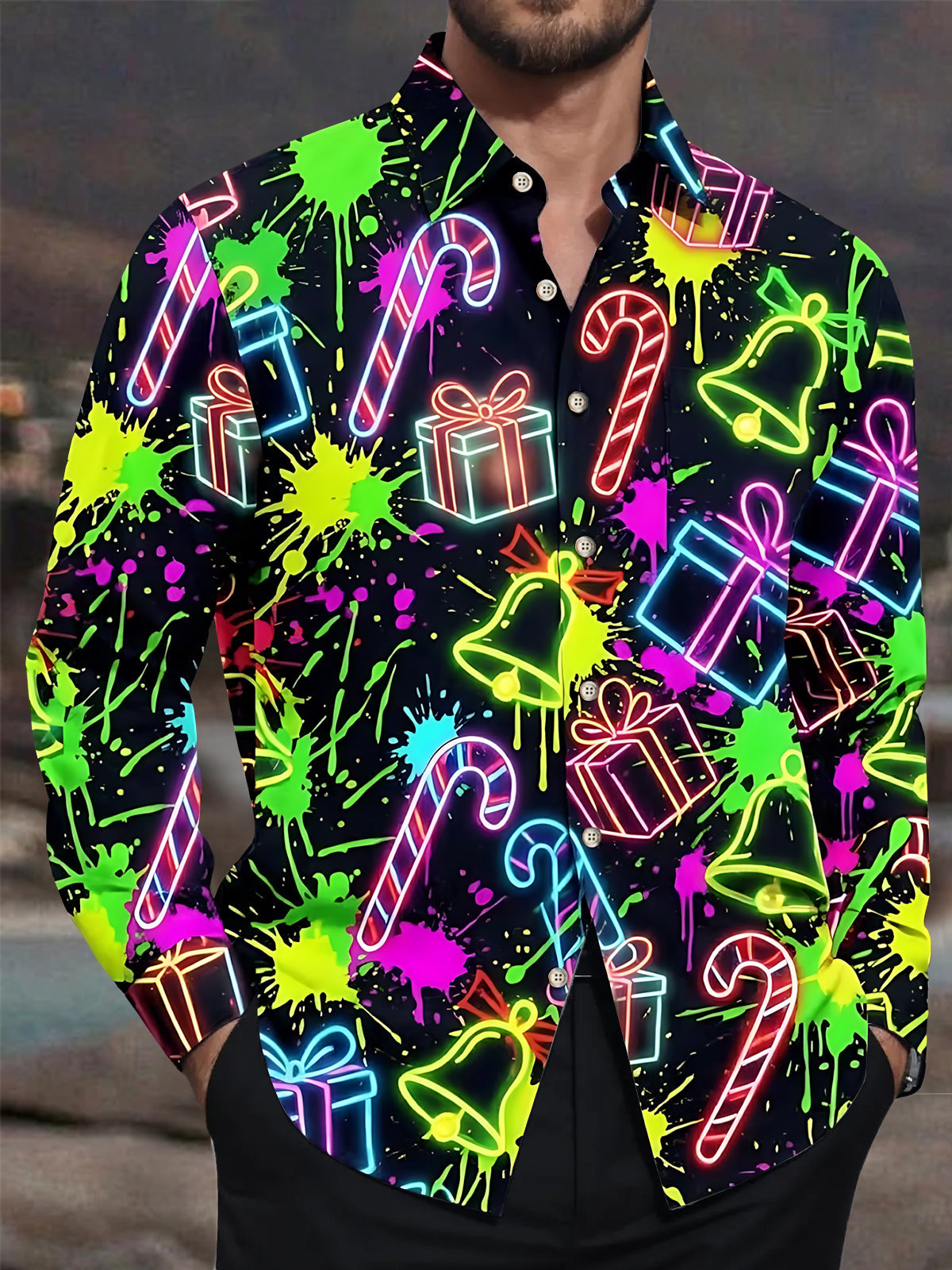 Adaychic Men's Long Sleeve Shirt - Christmas Neon Candy Canes And Gift Boxes Print with Chest Pocket