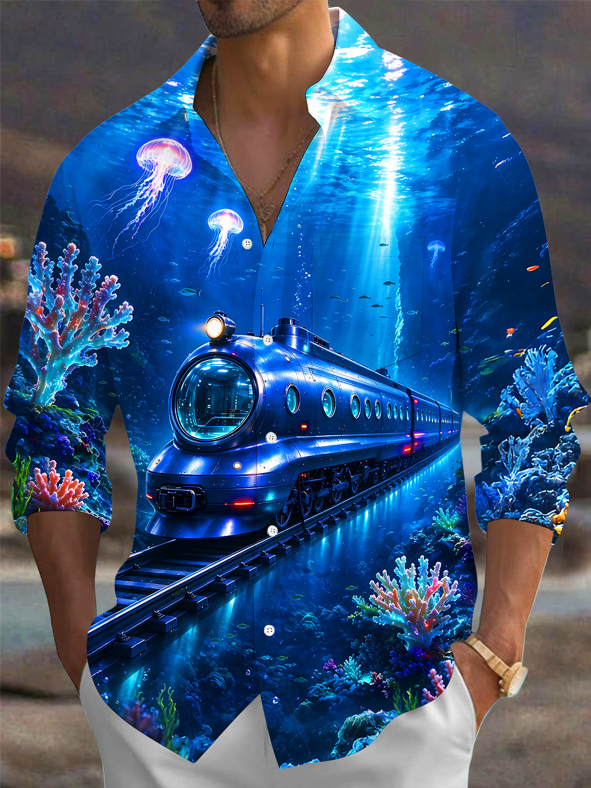 Adaychic Men's Graphic Underwater Train Print Long Sleeve Shirt with Chest Pocket