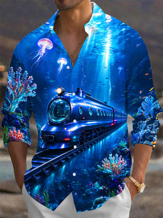 Adaychic Men's Graphic Underwater Train Print Long Sleeve Shirt with Chest Pocket