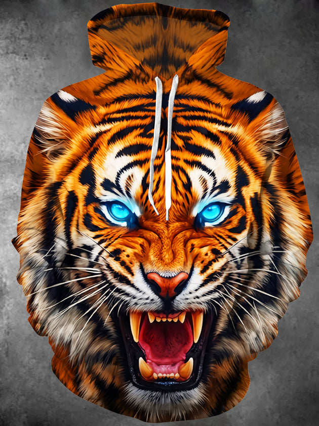 Adaychic Men's Roaring Tiger Face With Blue Eyes Print Long Sleeve Hoodie