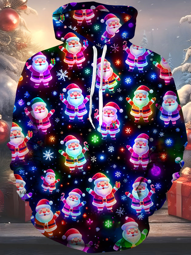 Adaychic Men's Long Sleeve Hoodie - Neon Santa Claus With Snowflakes And Gifts Print