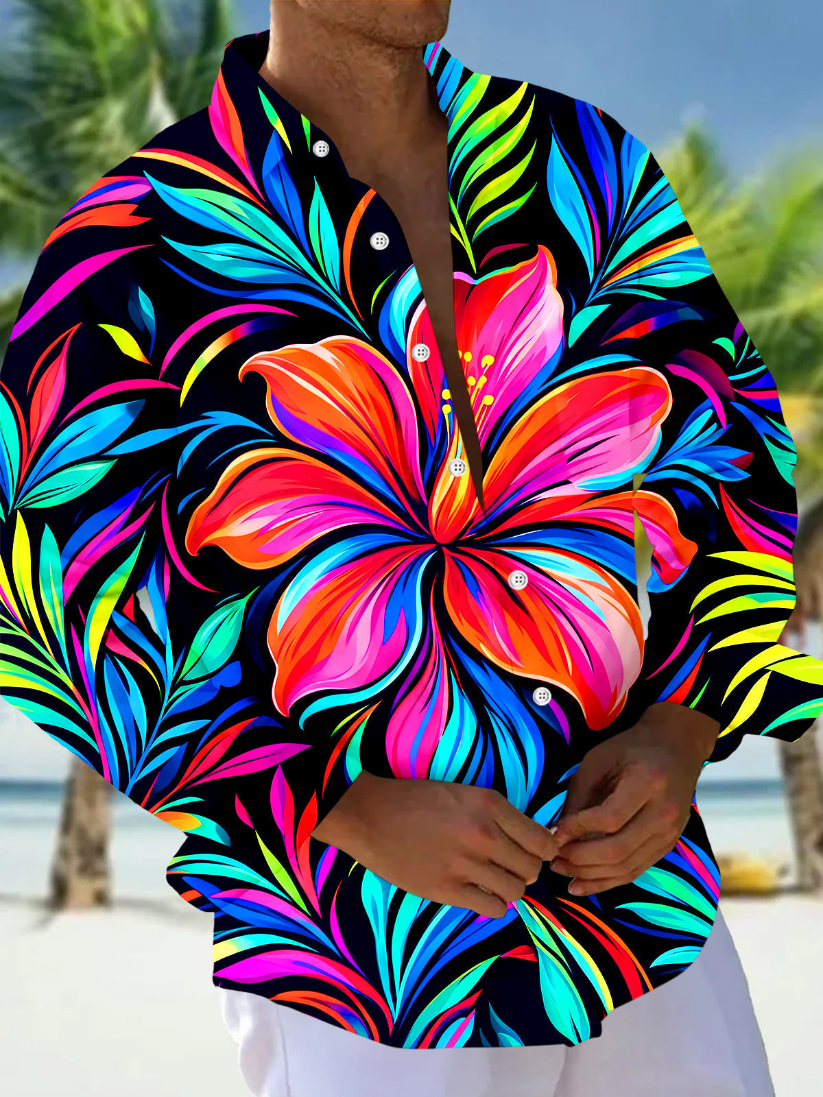 Adaychic Men's Neon Hibiscus Flower And Tropical Leaves Print Long Sleeve Shirt with Chest Pocket