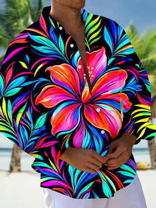 Adaychic Men's Neon Hibiscus Flower And Tropical Leaves Print Long Sleeve Shirt with Chest Pocket