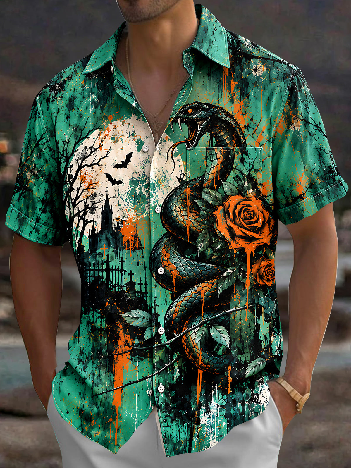 Adaychic Men's Short Sleeve Shirt - Halloween Snake And Roses With Graveyard Print with Chest Pocket