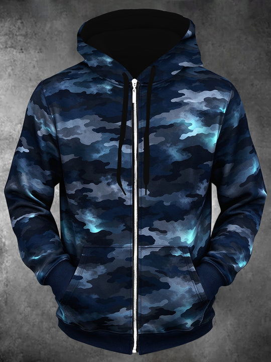 Adaychic Men's Patterned Blue Camouflage Pattern Long Sleeve Zip-Up Hoodie with Kangaroo Pocket