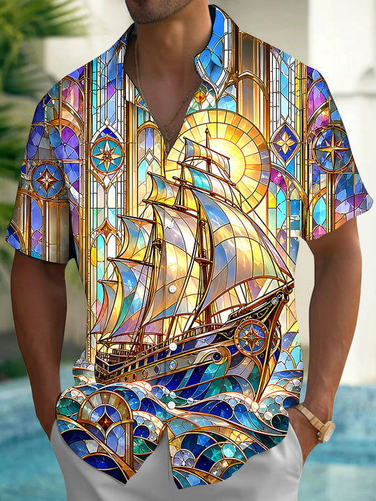 Adaychic Men's Printed Stained Glass Sailing Ship Print Short Sleeve Shirt with Chest Pocket