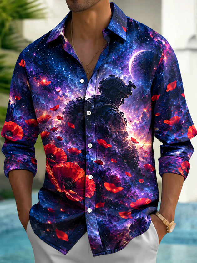 Adaychic Men's Long Sleeve Shirt - Soldier Silhouette And Red Poppies Against Galaxy Background Print with Chest Pocket