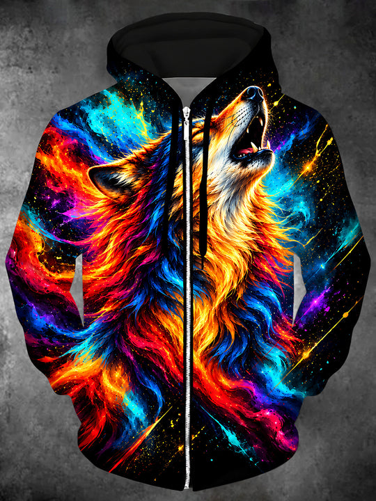 Adaychic Men's Long Sleeve Zip-Up Hoodie - Howling Wolf With Abstract Colorful Background Print with Kangaroo Pocket