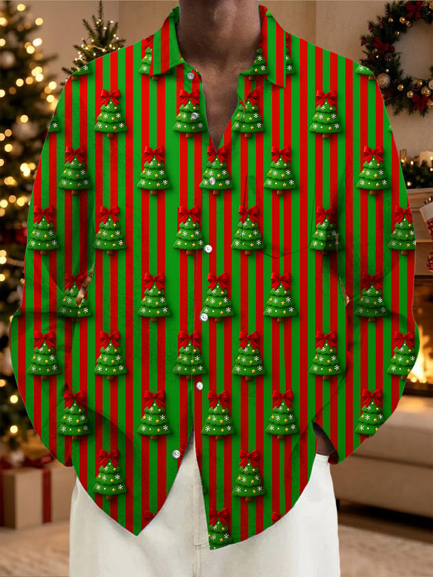 Adaychic Men's Long Sleeve Shirt - Christmas Trees With Red Bows And Snowflakes Print with Chest Pocket