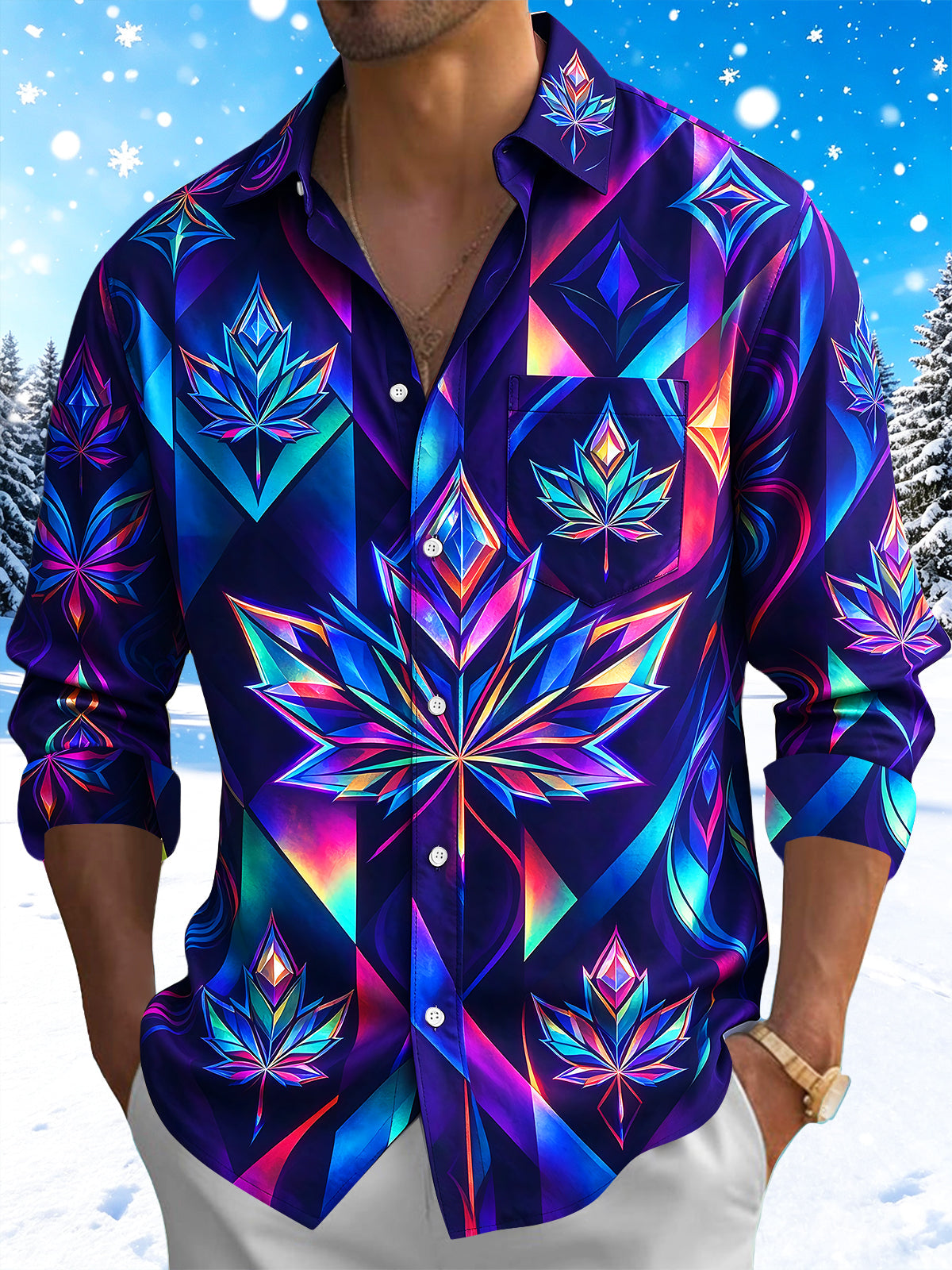 Adaychic Men's Neon Iridescent Geometric Maple Leaf Print Long Sleeve Shirt with Chest Pocket