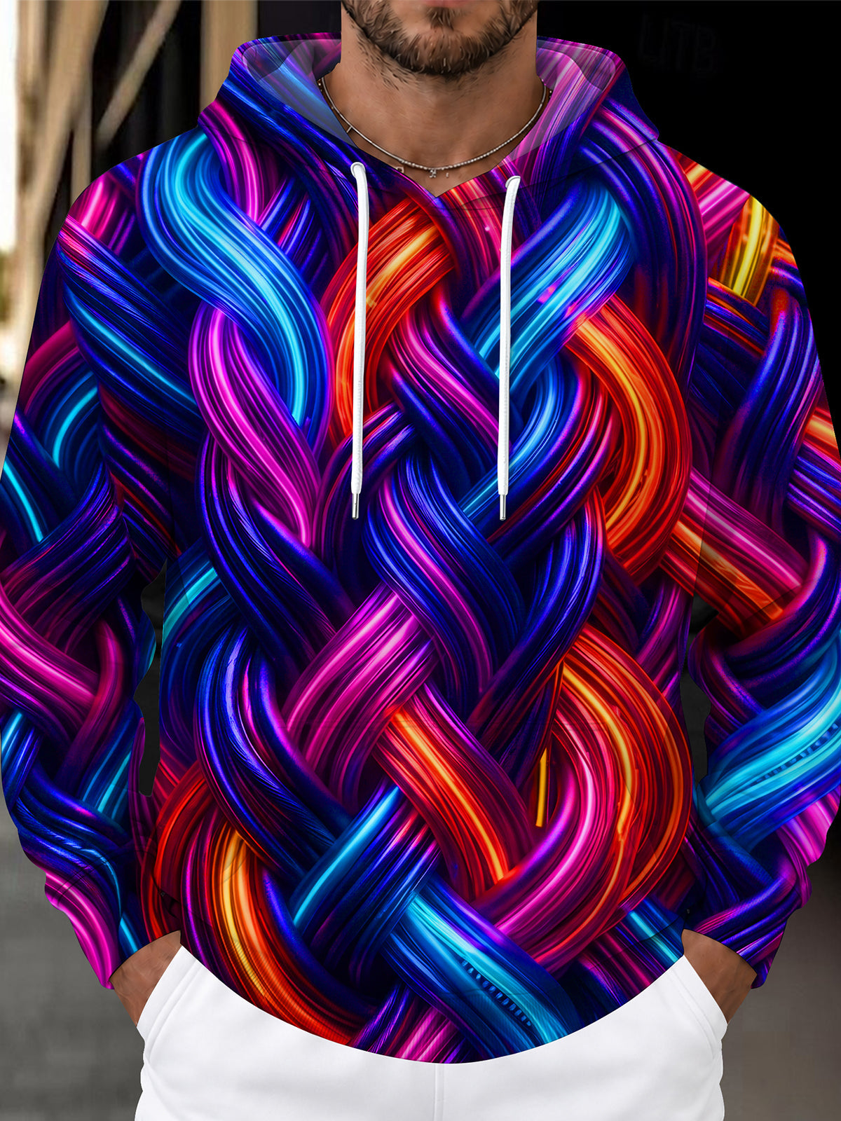 Adaychic Men's 3D Abstract Neon Woven Strands Print Long Sleeve Hoodie
