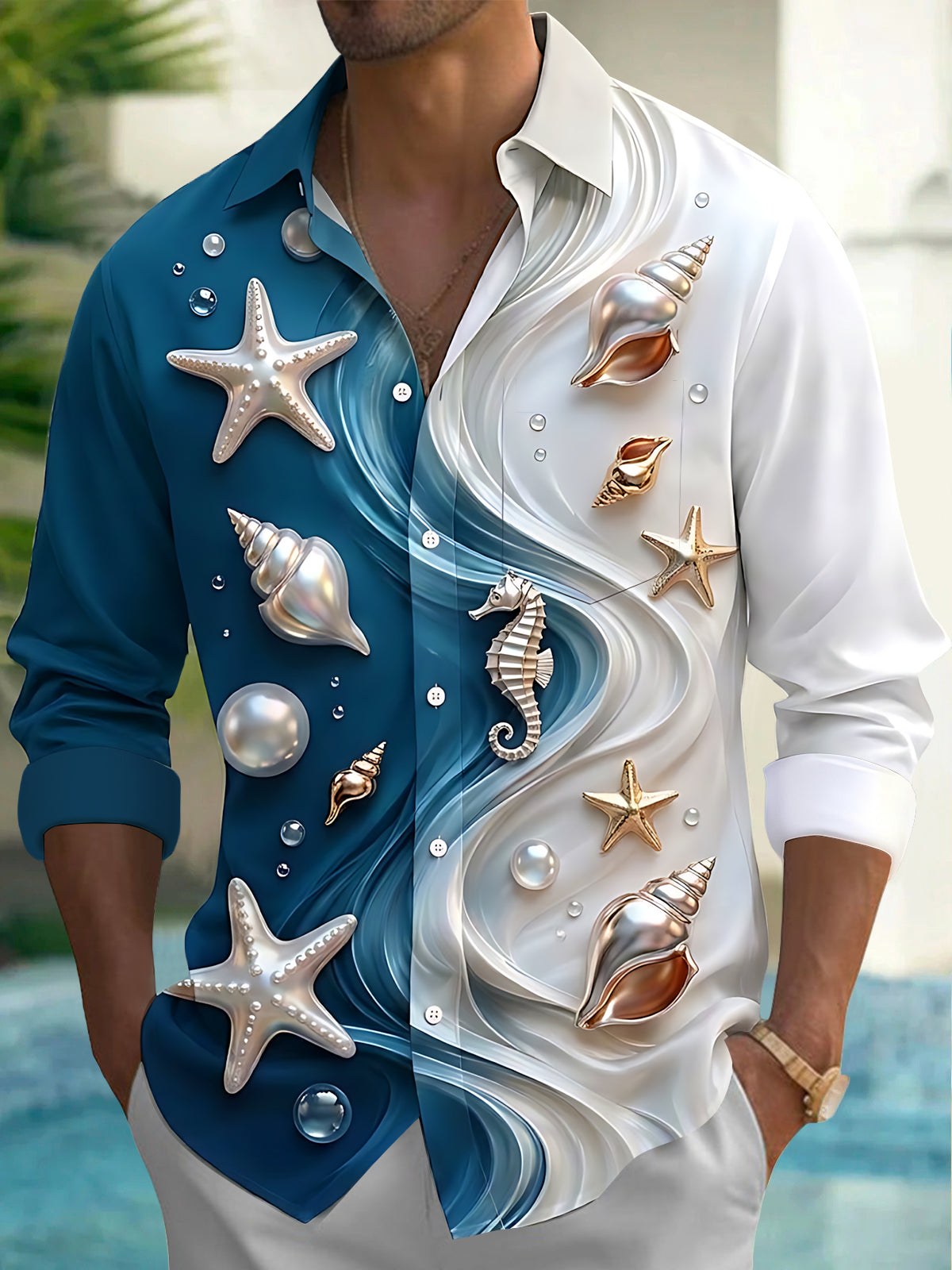 Adaychic Men's Sea Shells Starfish And Seahorse Print Long Sleeve Shirt with Chest Pocket
