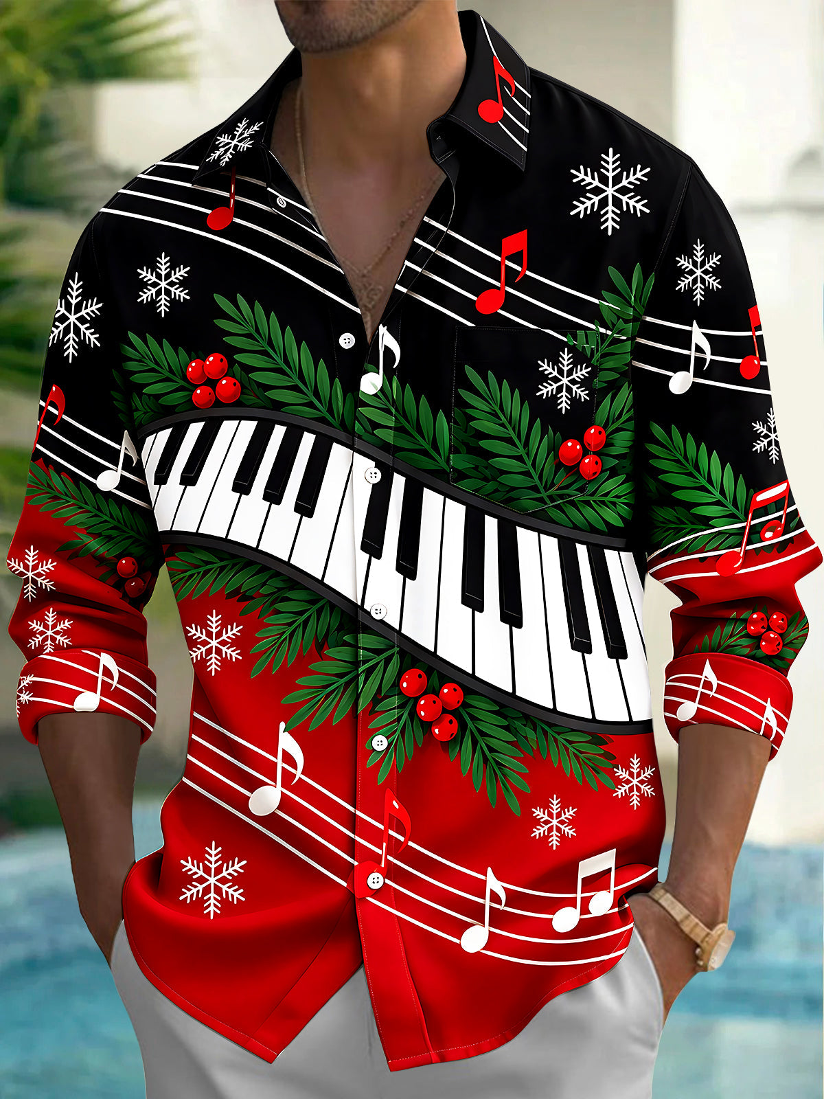 Adaychic Men's Long Sleeve Shirt - Christmas Piano Keyboard And Musical Notes Print with Chest Pocket
