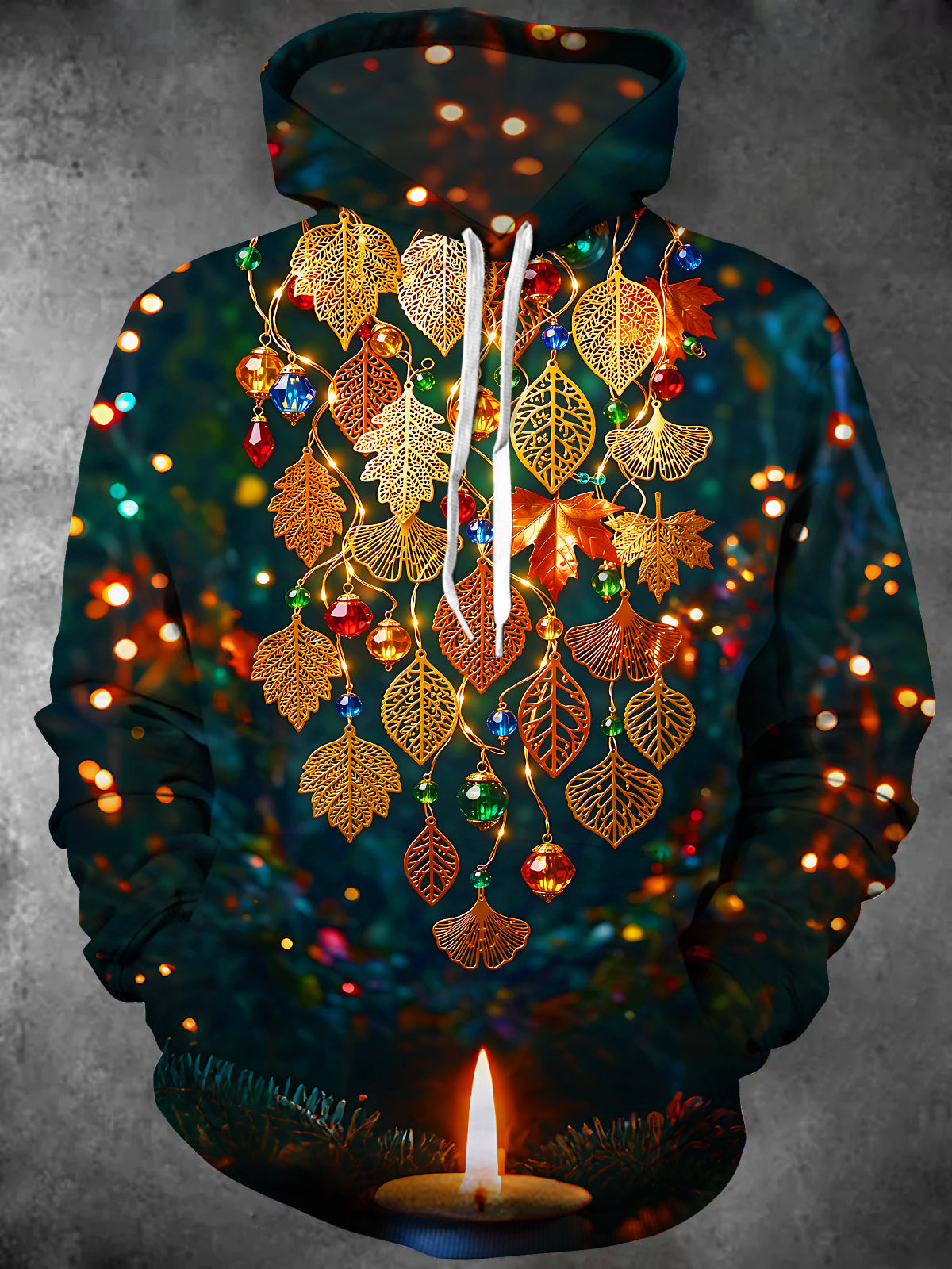 Adaychic Men's Christmas Golden Leaves And Candlelight Print Long Sleeve Hoodie