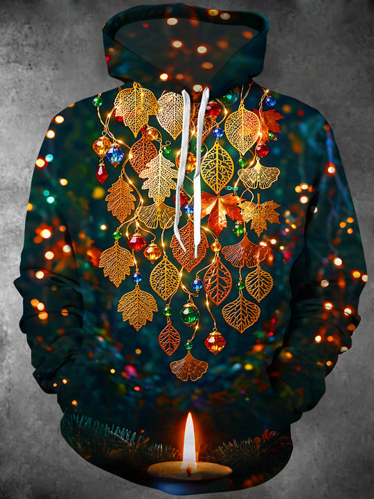 Adaychic Men's Christmas Golden Leaves And Candlelight Print Long Sleeve Hoodie
