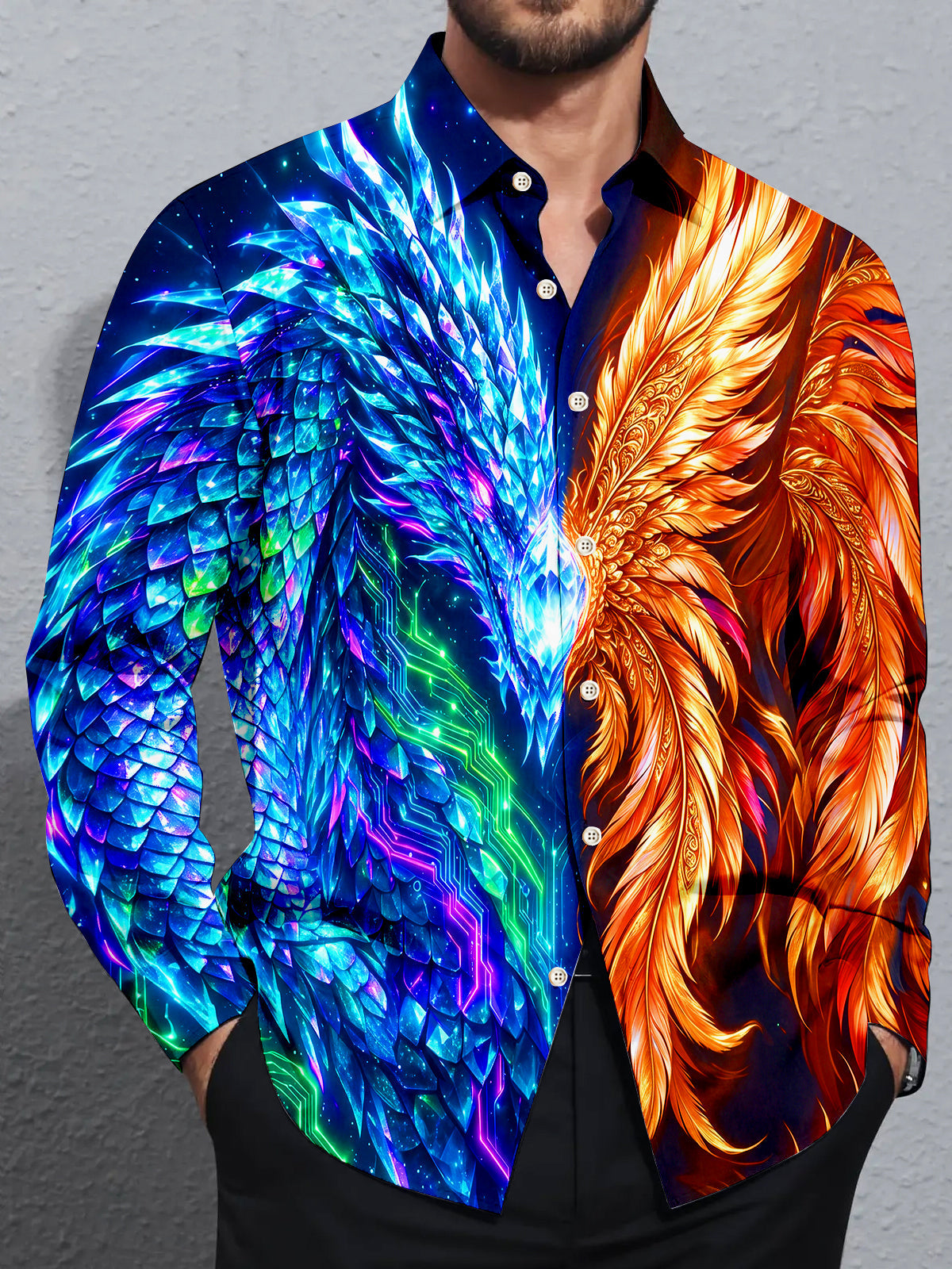 Adaychic Men's Graphic Ice Dragon And Fire Phoenix Print Long Sleeve Shirt with Chest Pocket