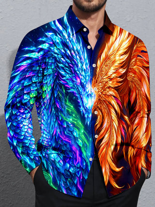 Adaychic Men's Graphic Ice Dragon And Fire Phoenix Print Long Sleeve Shirt with Chest Pocket