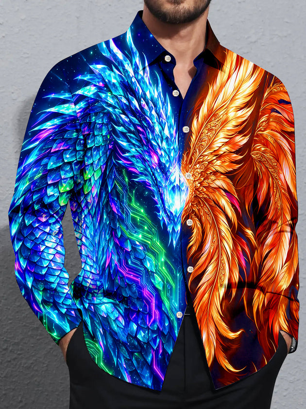 Adaychic Men's Graphic Ice Dragon And Fire Phoenix Print Long Sleeve Shirt with Chest Pocket