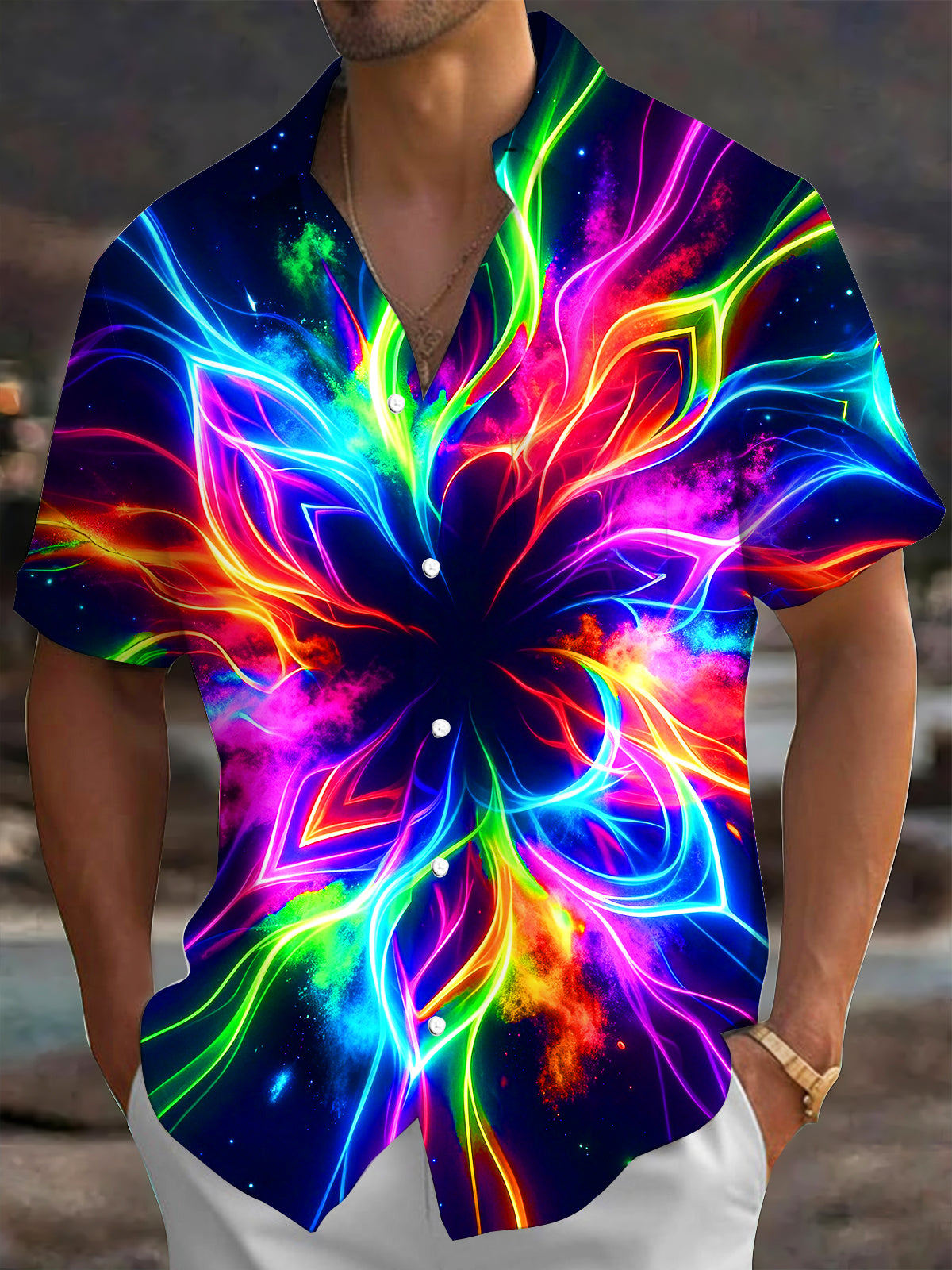 Adaychic Men's Hawaiian Neon Fractal Flower Print Short Sleeve Shirt with Chest Pocket