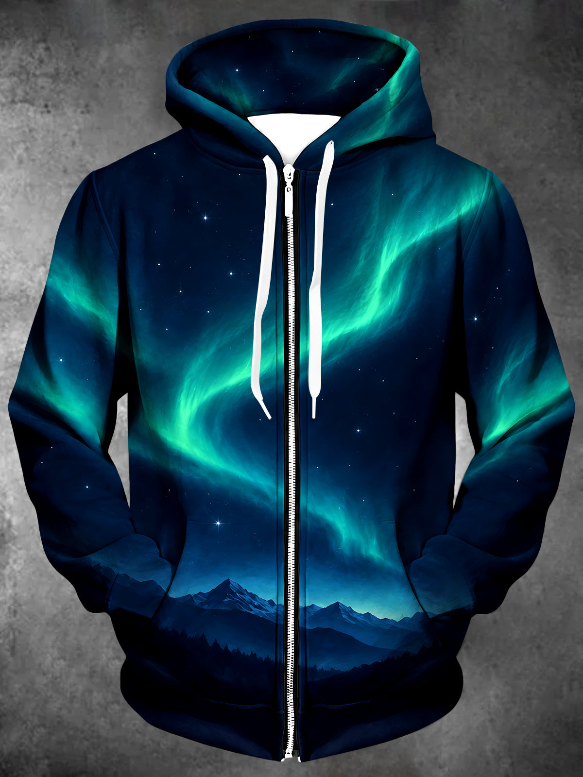 Adaychic Men's Long Sleeve Zip-Up Hoodie - Aurora Borealis And Mountain Landscape Print