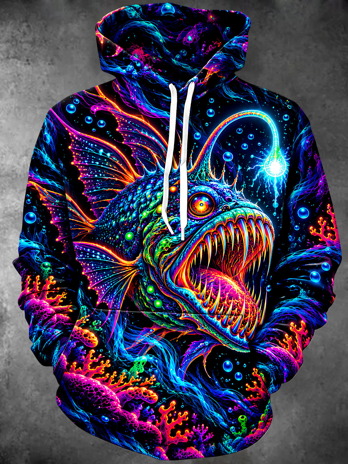 Adaychic Men's Graphic Neon Anglerfish And Coral Reef Print Long Sleeve Hoodie