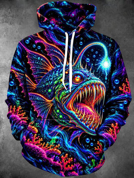 Adaychic Men's Graphic Neon Anglerfish And Coral Reef Print Long Sleeve Hoodie