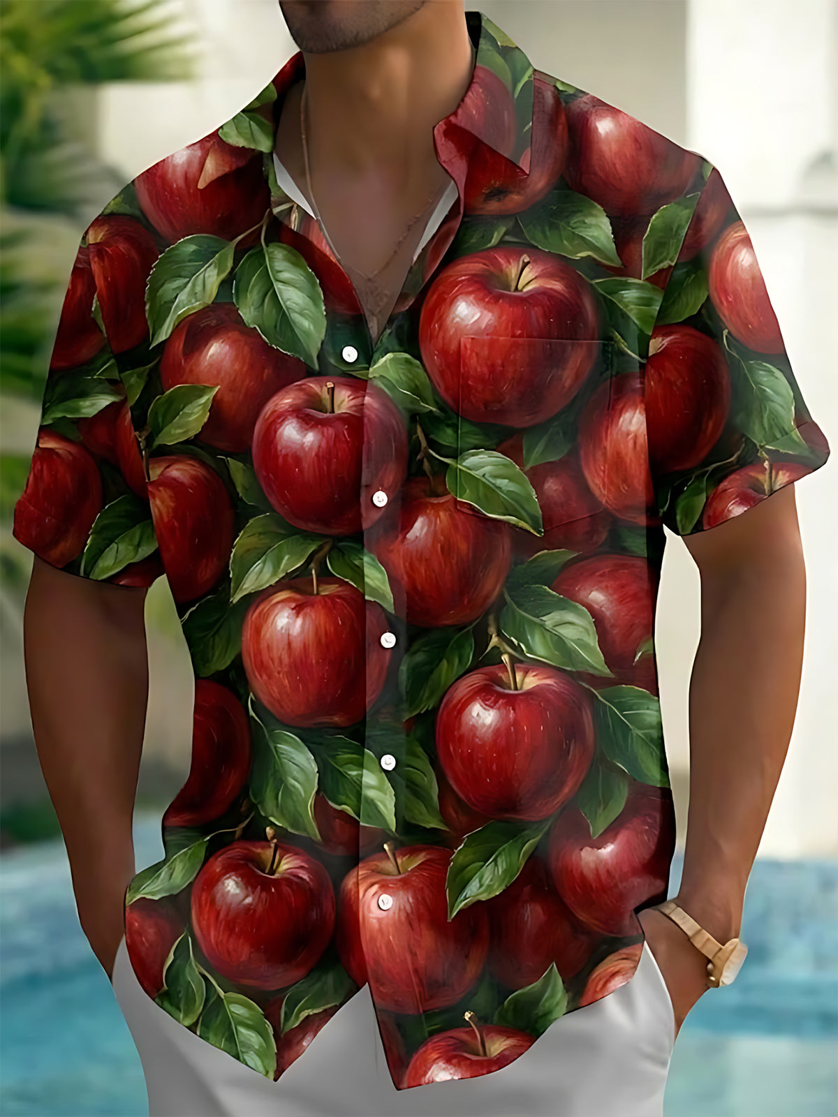 Adaychic Men's Hawaiian Red Apples And Green Leaves Print Short Sleeve Shirt with Chest Pocket
