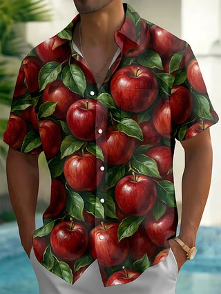 Adaychic Men's Hawaiian Red Apples And Green Leaves Print Short Sleeve Shirt with Chest Pocket