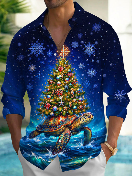 Adaychic Men's Graphic Sea Turtle And Christmas Tree Print Long Sleeve Shirt with Chest Pocket