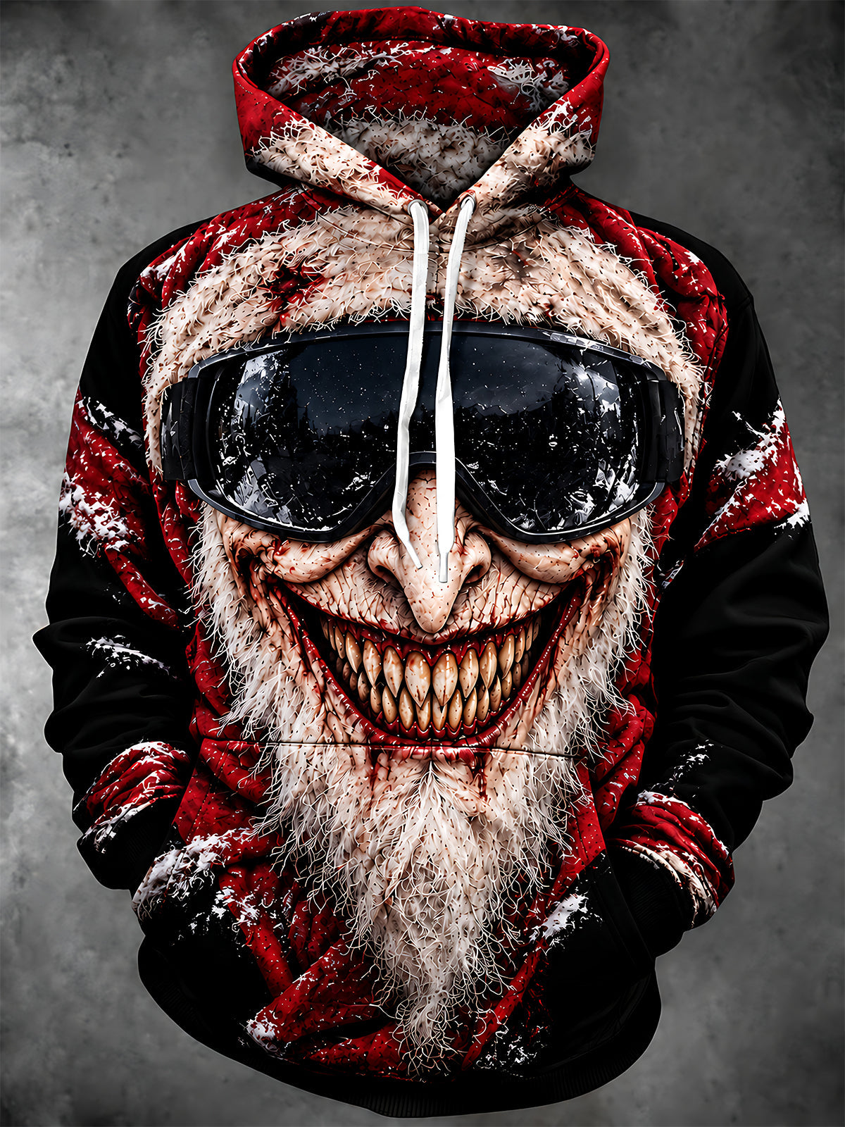 Adaychic Men's Scary Santa Claus Monster With Goggles Print Long Sleeve Hoodie