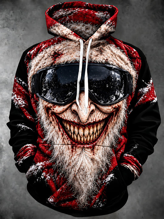 Adaychic Men's Scary Santa Claus Monster With Goggles Print Long Sleeve Hoodie