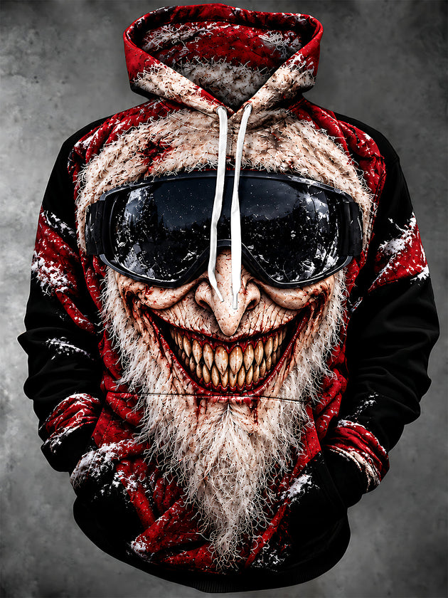Adaychic Men's Scary Santa Claus Monster With Goggles Print Long Sleeve Hoodie