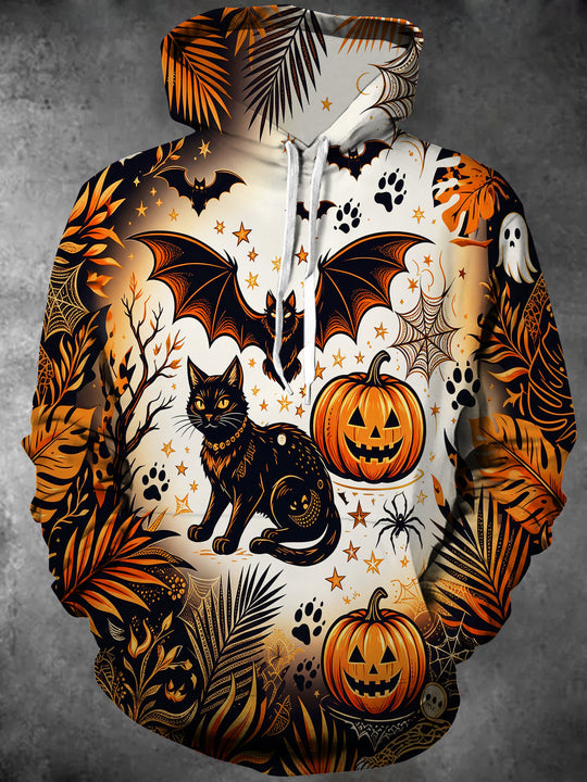 Adaychic Men's Halloween Black Cats And Pumpkins Print Long Sleeve Hoodie