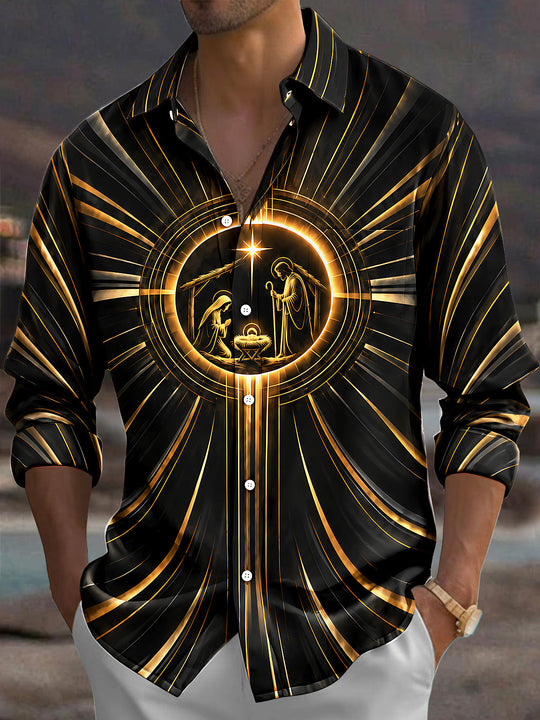 Adaychic Men's Nativity Scene With Star Of Bethlehem Print Long Sleeve Shirt with Chest Pocket