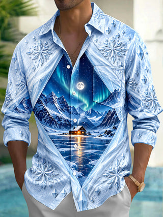 Adaychic Men's Winter Arctic Cabin And Aurora Borealis Print Long Sleeve Shirt with Chest Pocket