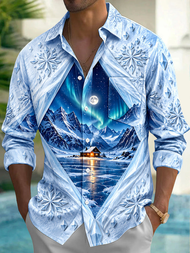 Adaychic Men's Winter Arctic Cabin And Aurora Borealis Print Long Sleeve Shirt with Chest Pocket