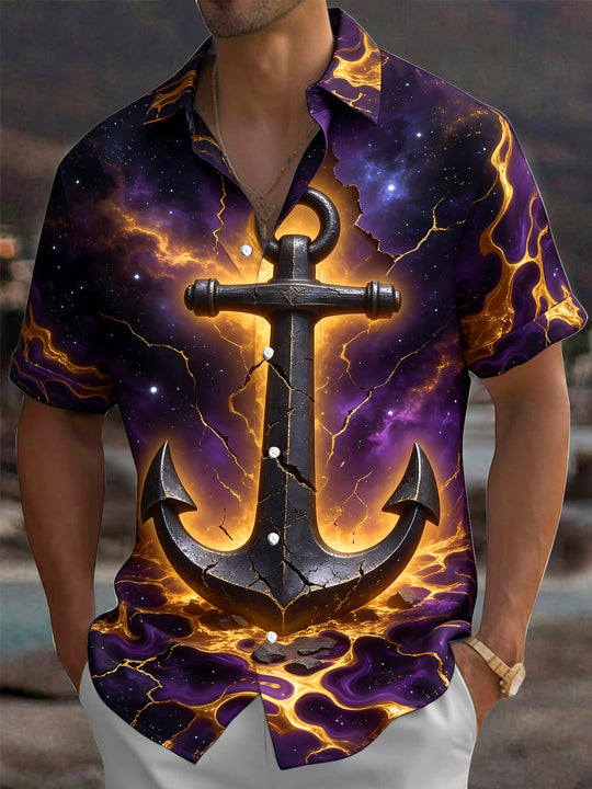 Adaychic Men's Hawaiian Galaxy Anchor With Lava Cracks Print Short Sleeve Shirt with Chest Pocket