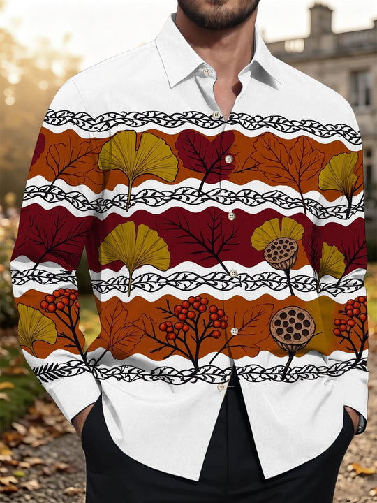 Adaychic Men's Striped Autumn Leaves And Berries Print Long Sleeve Shirt with Chest Pocket